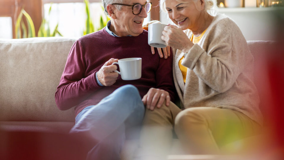 Portrait of a happy elderly couple relaxing together on the sofa at home