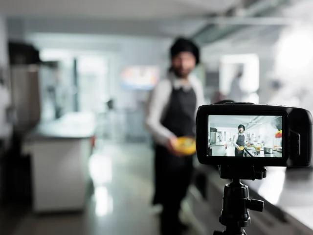 Close up of camera recording head chef cooking delicious fine dining dish